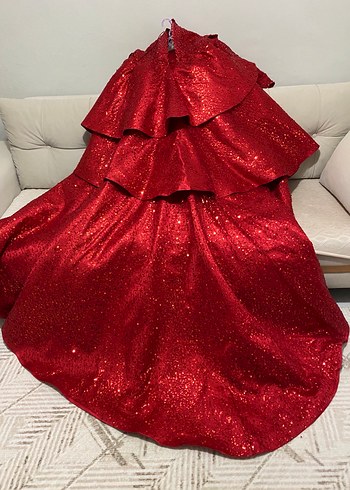 Uzun Parlak Kırmızı Fırfırlı Abiye Kınalık - Görsel 7