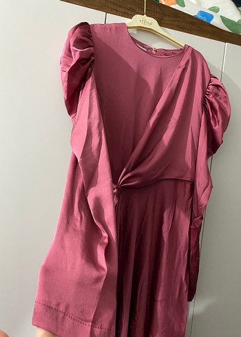 Pembe Uzun Drapeli Yüksek Yakalı Elbise - Görsel 4