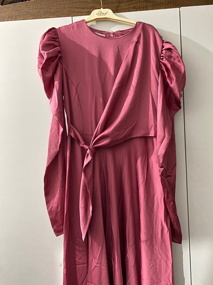 Pembe Uzun Drapeli Yüksek Yakalı Elbise - Görsel 3