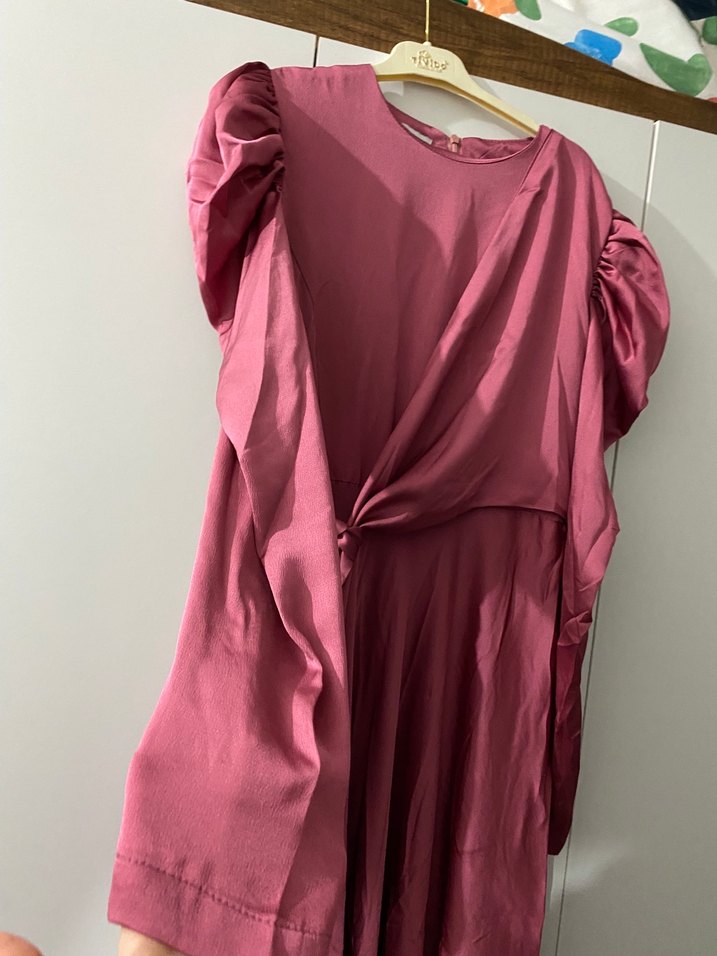 Pembe Uzun Drapeli Yüksek Yakalı Elbise - Görsel 4