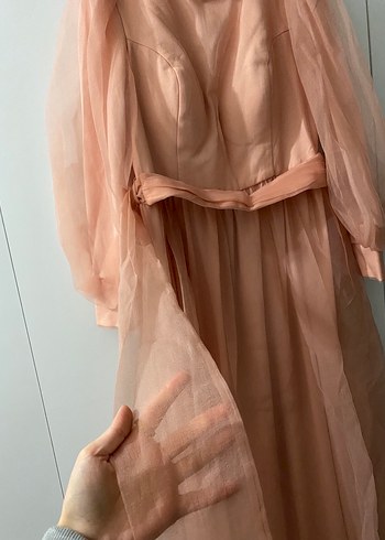 Pembe Uzun Drapeli Yüksek Yakalı Kadın Elbise - Görsel 4