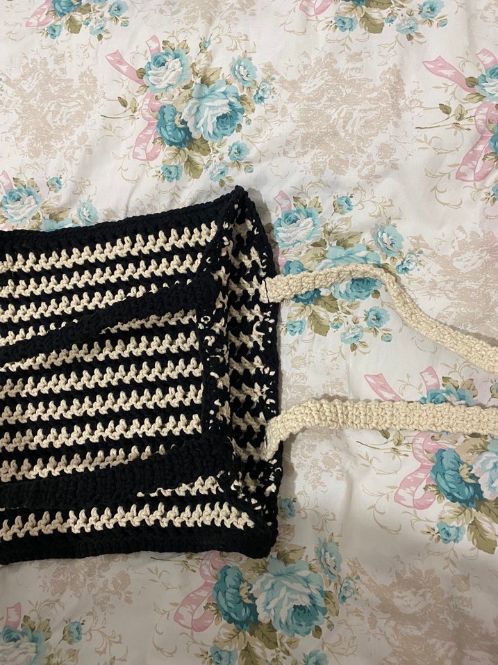 Siyah Beyaz Örgü Bohem Kadın Çanta - Görsel 2