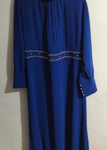 Boncuk İşlemeli Uzun Kollu Mavi Elbise - Görsel 2