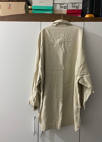 Bej Düğmeli Keten Midi Ceket - Görsel 5
