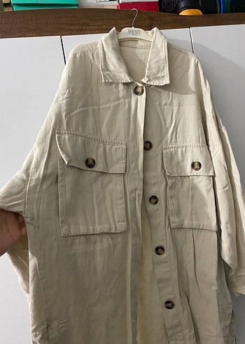 Bej Düğmeli Keten Midi Ceket - Görsel 3