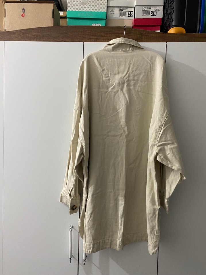 Bej Düğmeli Keten Midi Ceket - Görsel 5