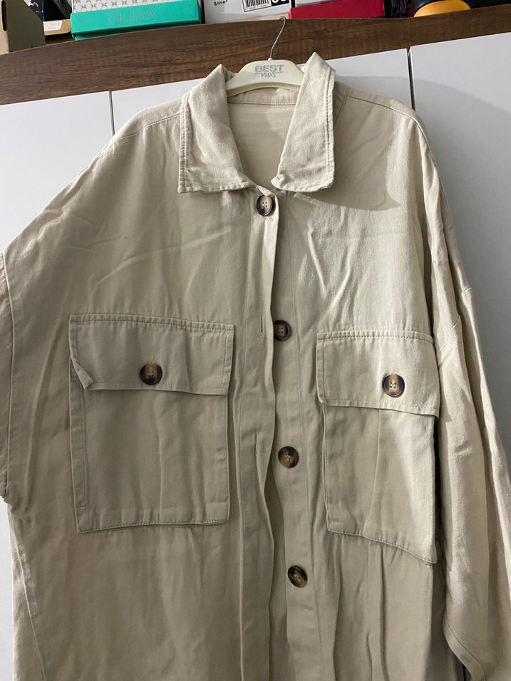 Bej Düğmeli Keten Midi Ceket - Görsel 4