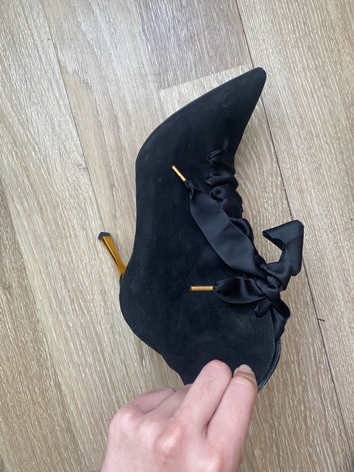 Siyah Süet Fırfırlı Stiletto Kadın Bot Vintage - Görsel 4