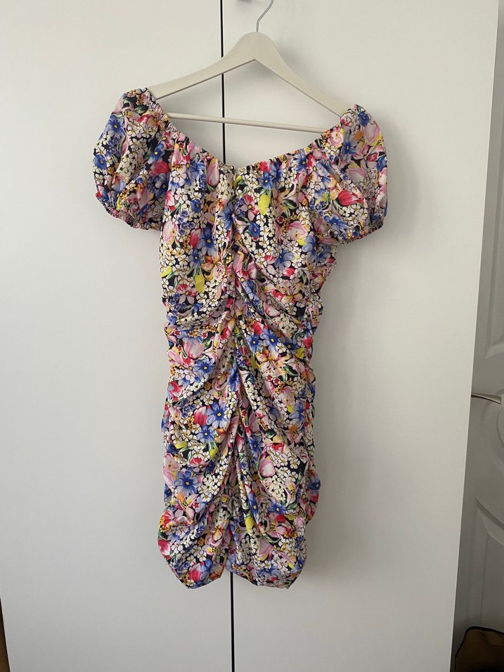 Renkli Drapeli Mini Çiçekli Elbise - Görsel 2