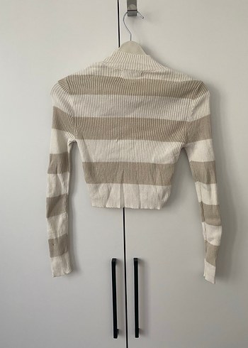 Çizgili Bej Yarım Balıkçı Triko Kazak - Görsel 2