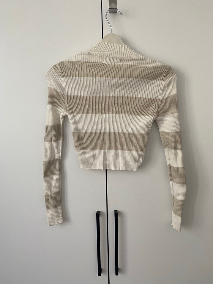 Çizgili Bej Yarım Balıkçı Triko Kazak - Görsel 2
