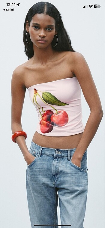 Zara kiraz desenli STRAPLEZ crop