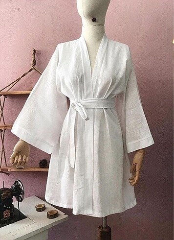 Sıfır Beyaz Keten Şık Kimono