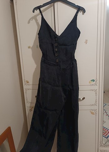 Siyah V Yakalı Uzun Kadın Tulum - Görsel 2