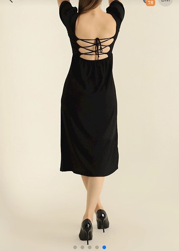 Siyah Midi yırtmaçlı Elbise V Yaka Kısa Kollu - Görsel 2