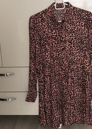 s Beden kahverengi Renk Leopar Desenli Kemerli Kadın Mini Elbise