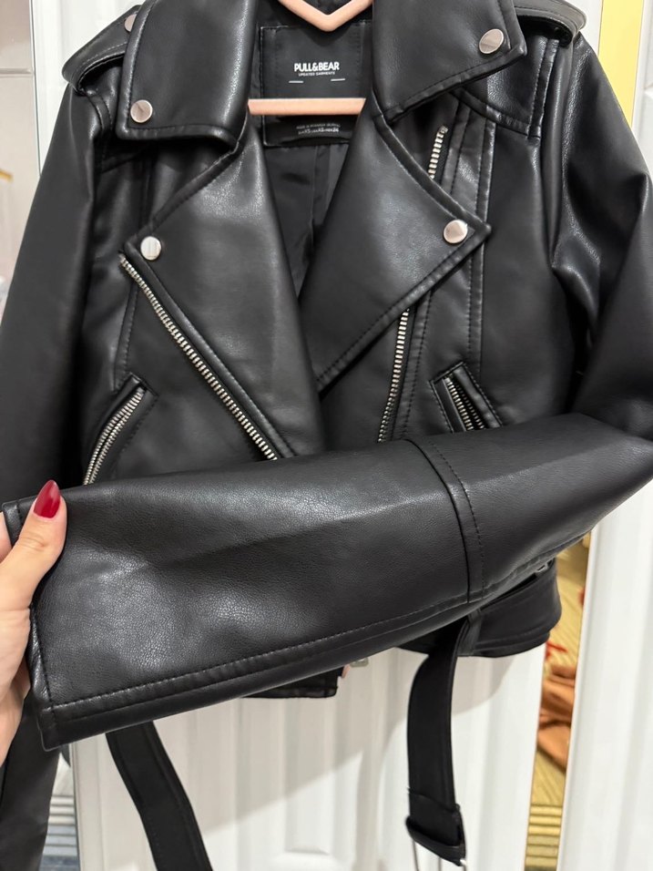 Kadın Siyah Deri Biker Ceket - Görsel 5