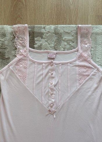 Kalın askı dantelli pembe rahat gecelik - Görsel 2