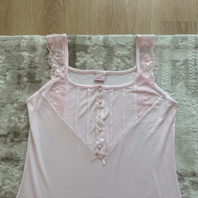 Kalın askı dantelli pembe rahat gecelik - Görsel 2