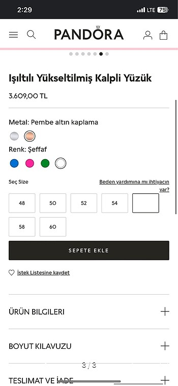  Beden PANDORA YÜZÜK