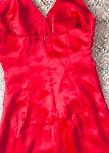 Kırmızı Drapeli Uzun Abiye Elbise - Görsel 7