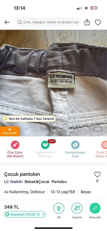 12-13 Yaş Beden beyaz Renk Erkek çocuk pantolon