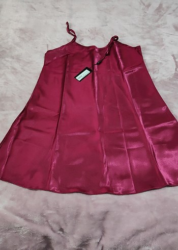 Bordo Parlak Midi İp Askılı Kadın saten Gecelik L XL - Görsel 2