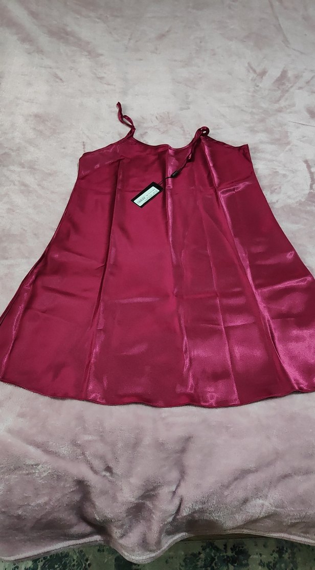 Bordo Parlak Midi İp Askılı Kadın saten Gecelik L XL - Görsel 2