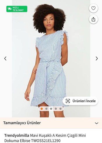 Trendyolmilla Mavi Kuşaklı Çizgili Midi Elbise