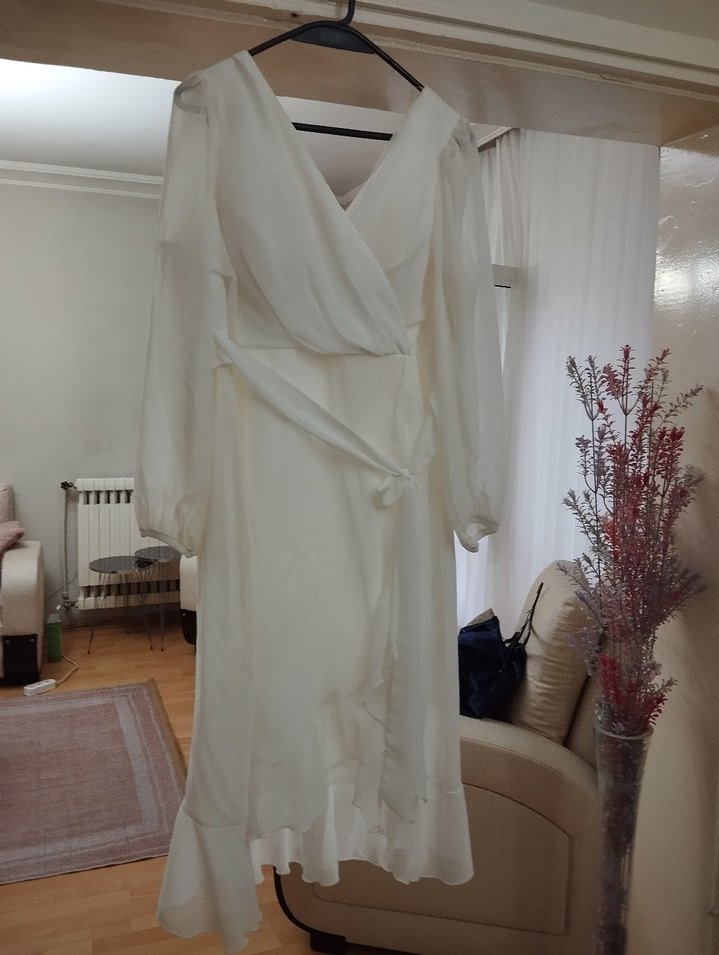 Beyaz Midi Bohem V Yaka Elbise - Görsel 4