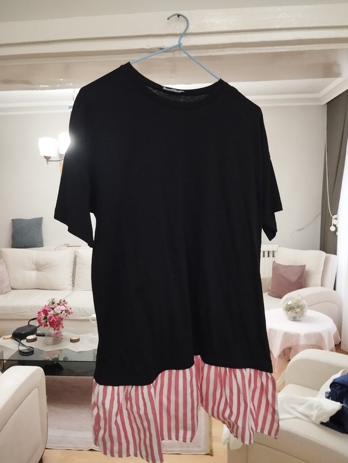 Pamuklu Siyah Çizgili Mini Elbise-Tunik - Görsel 3