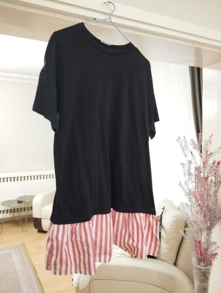 Pamuklu Siyah Çizgili Mini Elbise-Tunik - Görsel 2