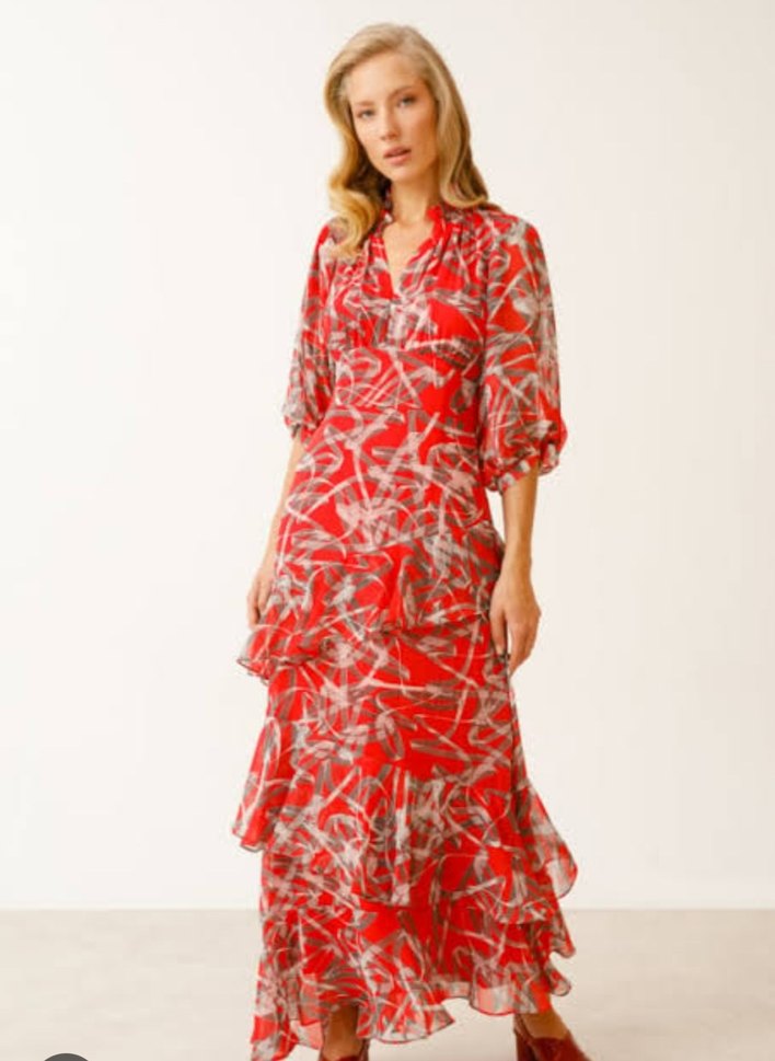 Bohem V Yaka Uzun Kırmızı Elbise - Görsel 2