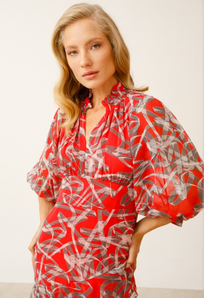 Bohem V Yaka Uzun Kırmızı Elbise - Görsel 3