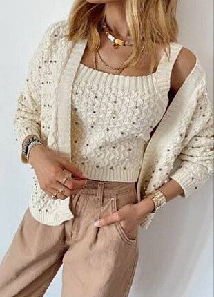 Suni incili crop ve hırka takım