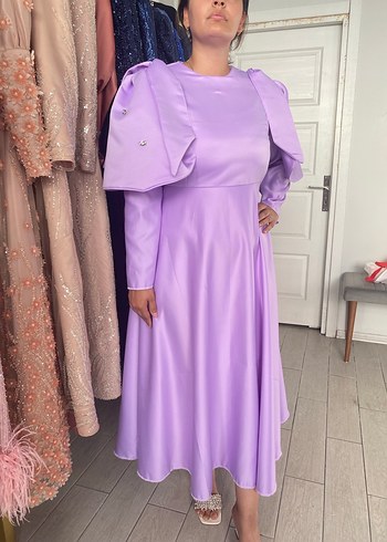 Uzun Kollu İşlemeli Mor Kadın Elbise - Görsel 3