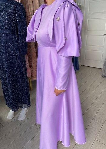 Uzun Kollu İşlemeli Mor Kadın Elbise - Görsel 2