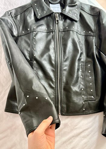 Kadın Siyah Deri Biker Ceket - Görsel 2