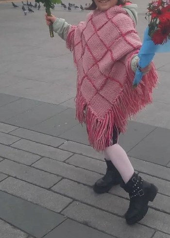 Pembe Ekoseli Bohem Kız Çocuk Panço - Görsel 2