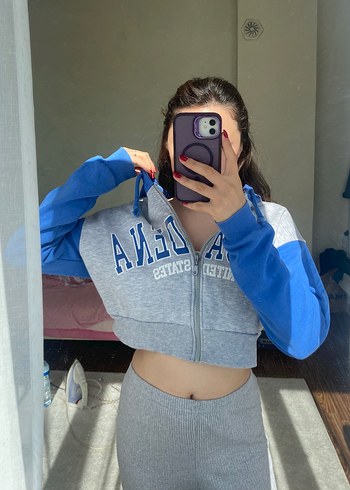 Addax Addax Kadın Gri Mavi Fermuarlı Sweatshirt