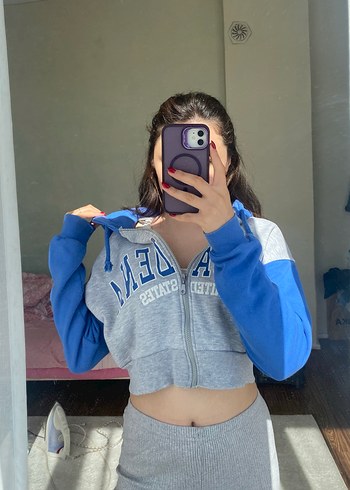 Addax Kadın Gri Mavi Fermuarlı Sweatshirt