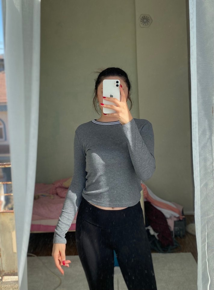 Koton Gri Uzun Kollu Crop Top - Görsel 2