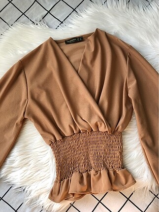 Camel Beli Büzgülü Bluz