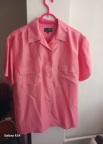 Düğmeli Pembe Saten Kadın Gömlek - Görsel 3