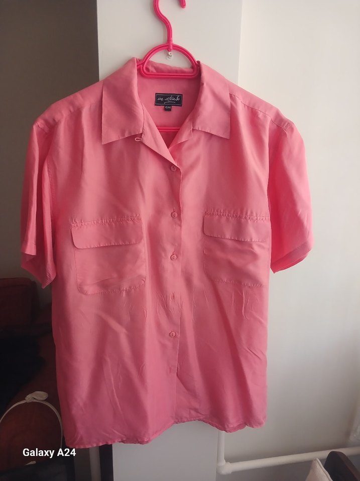 Düğmeli Pembe Saten Kadın Gömlek - Görsel 3