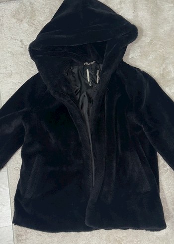 s Beden Siyah Kapüşonlu Suni Kürk Mont