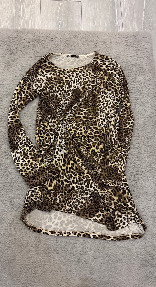 Kahverengi Leopar Desenli Uzun Kollu tunik/ Elbise - Görsel 3