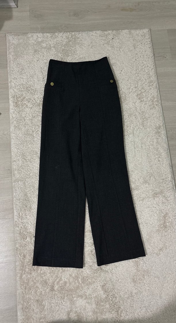 Düğmeli Gri Kadın Kumaş Pantolon - Görsel 2