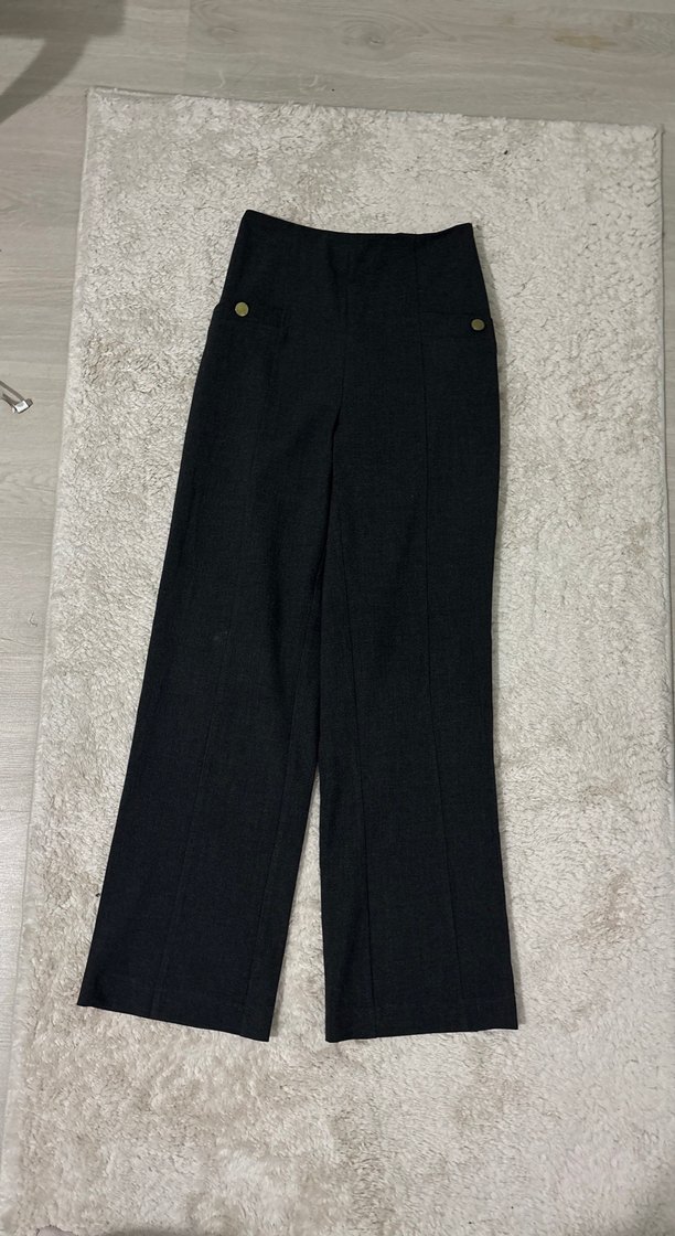 Düğmeli Gri Kadın Kumaş Pantolon - Görsel 3