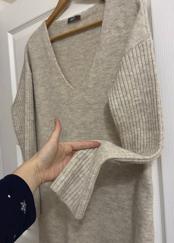 Bej V Yakalı Örgü Kadın Kazak/tunik/elbise - Görsel 4